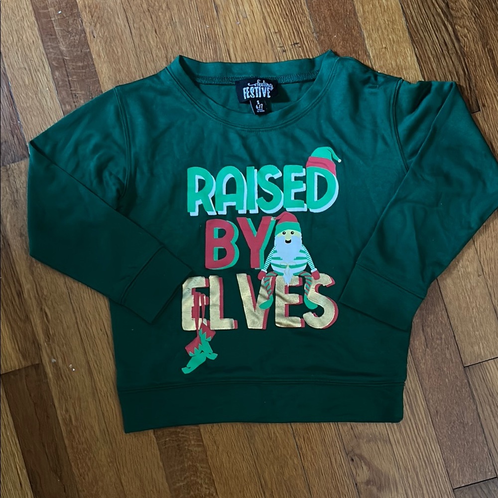 Green Raised by Elves Sweatshirt with Holiday Graphic